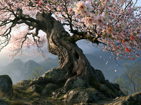 Ancient cherry blossom tree with twisted trunk and soft pink blooms, growing on rocks by misty mountains. Peaceful, timeless, and natural.