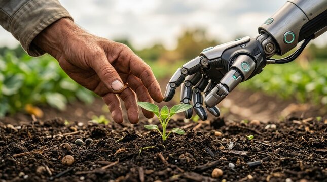 Human hand and robotic hand touching a young green plant sprout together.