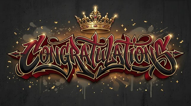 Elegant golden graffiti Congratulations lettering topped with a crown, combining royal symbolism, metallic details, and a dark luxurious urban background.