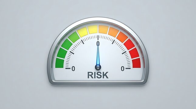 Semicircular risk gauge with a metallic silver frame, blue needle pointing to the center, and a color-coded scale from green to red on a gray
