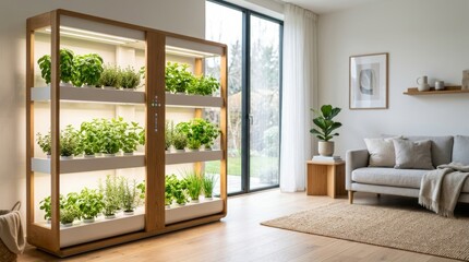 Fototapeta premium Modern indoor vertical hydroponic herb garden shelf in bright living room.