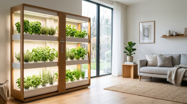 Modern indoor vertical hydroponic herb garden shelf in bright living room.