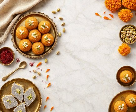 Traditional Indian Diwali sweets laddu and kaju katli served on decorative brass plates with marigold flowers