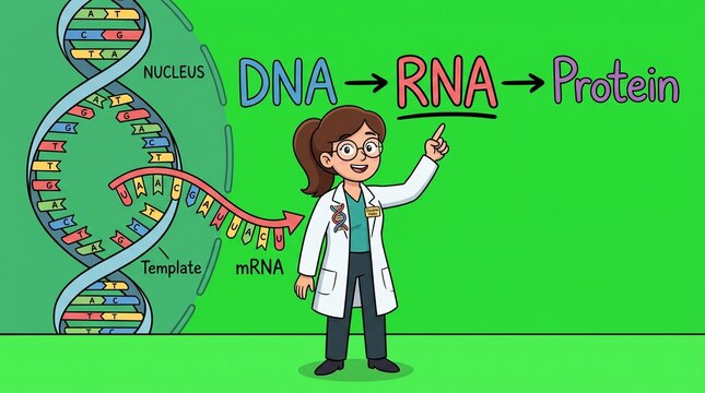 Biologist explaining central dogma of molecular biology with DNA RNA protein diagram