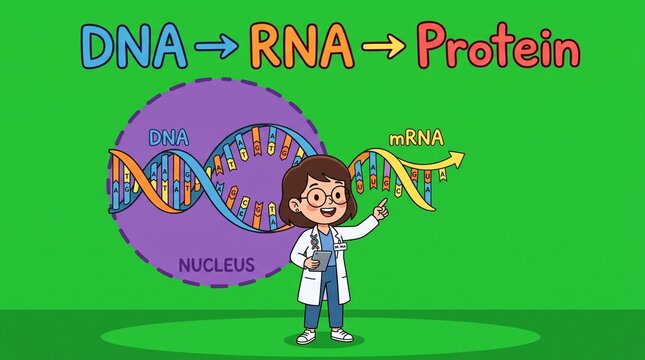 Biologist explaining the central dogma of molecular biology with DNA RNA protein diagram