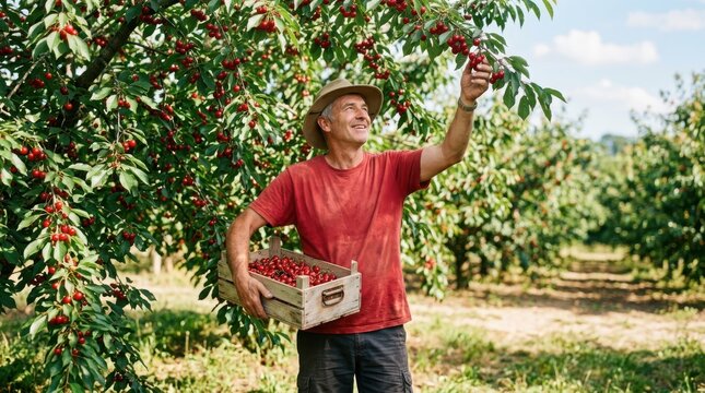 Man harvesting ripe cherries in summer orchard , Harvest picking season, Fresh healthy fruits.