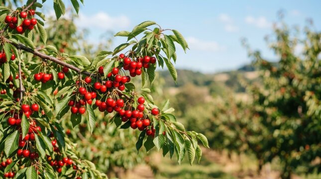 Ripe cherries on tree branch summer harvest , Harvest picking season, Fresh healthy fruits.