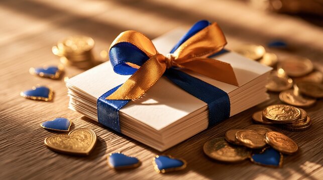 A stack of rectangular cards adorned with a luxurious blue and gold ribbon sits surrounded by numerous scattered metal coins and several small heart shapes resting upon a warm wooden surface
