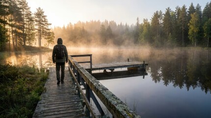 Fototapeta premium A lone man walks along a wooden dock towards a misty lake at sunrise.