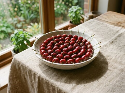 Fresh cherries on a table by window , Harvest picking season, Fresh healthy fruits.