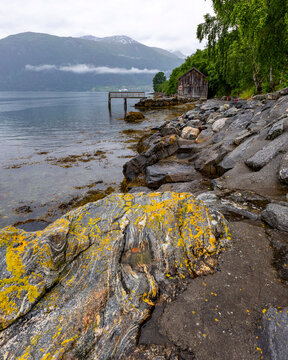 A beautiful summer  landscape with a village by the fjord . A summer scenery of World Heritage Area in Western Norway.