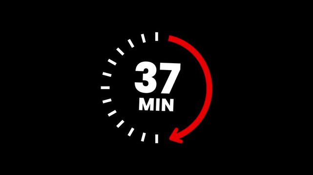 Countdown timer icons for 37 minutes in circular arrow animation. circle arrow refresh icon with 37 min timer icon animation. Timer 37 minutes countdown clock with circular arrow. 4k video