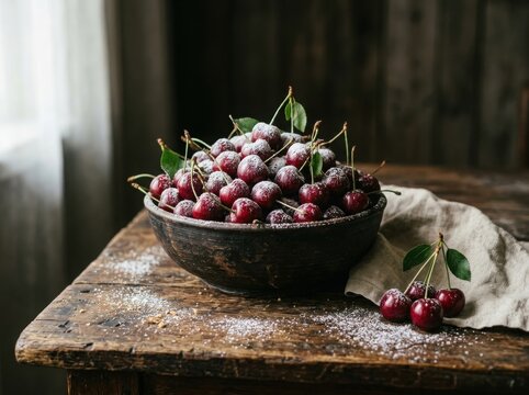 Fresh cherries with sugar on wooden table , Harvest picking season, Fresh healthy fruits.