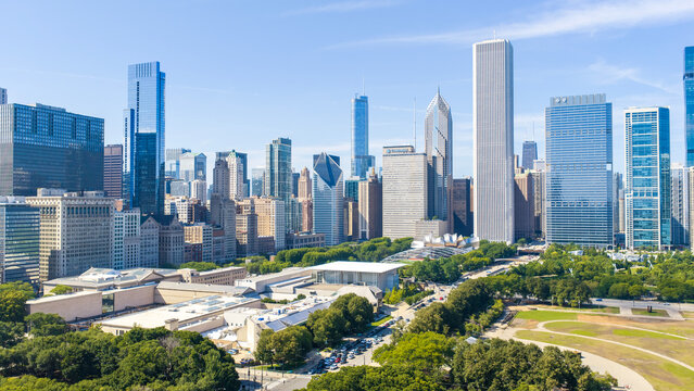 Aerial shot of Skyscrapers and office buildings in the skyline in Chicago Illinois USA