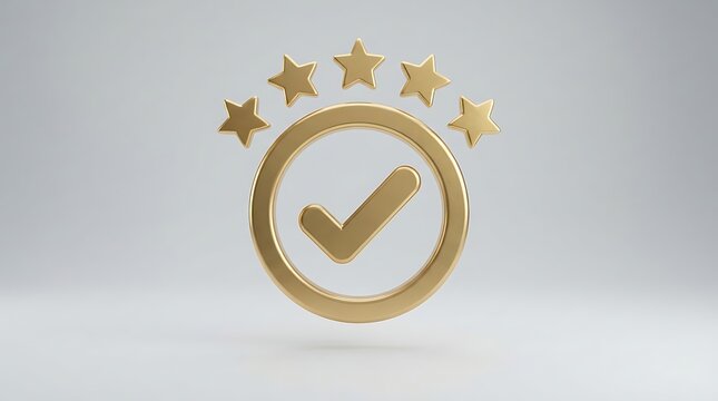Golden checkmark symbol inside a circle with five stars arranged in an arc, 3 d rendered on a light gray background