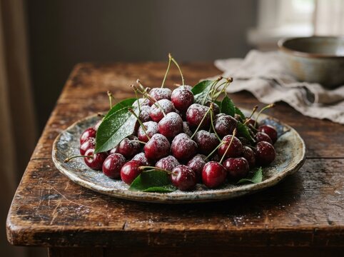 Fresh cherries on a rustic wooden table , Harvest picking season, Fresh healthy fruits.
