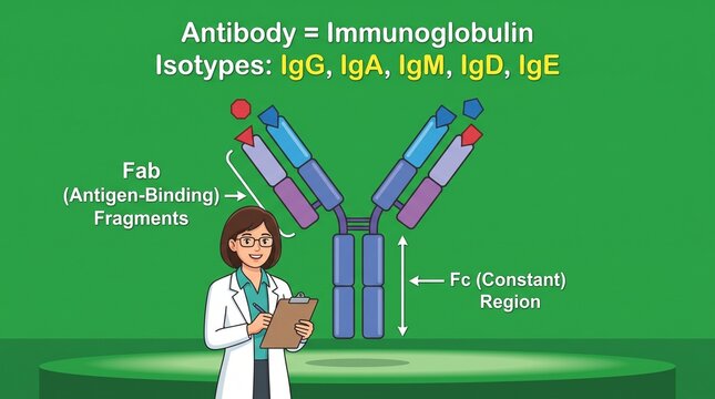 Cartoon scientist explaining antibody structure and immunoglobulin isotypes in a lab.