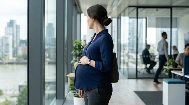Pregnant businesswoman looking out of office window in city.