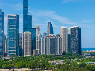 Naklejka premium Aerial shot of Skyscrapers and office buildings in the skyline in Chicago Illinois USA