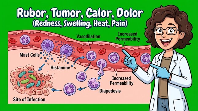 Immunologist explaining inflammation process with mast cells and histamine medical diagram