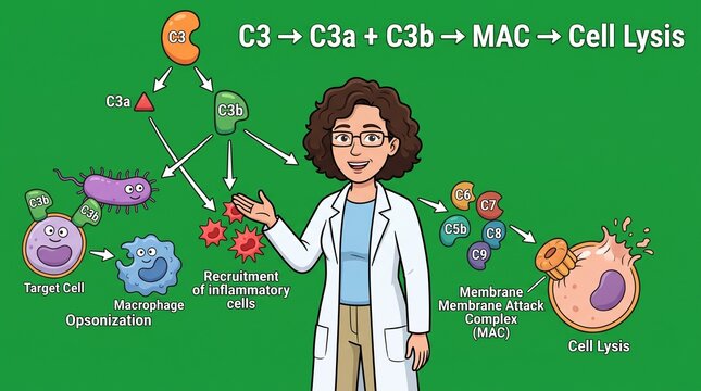 Immunologist explaining the complement system pathway and cell lysis mechanism in a diagram.