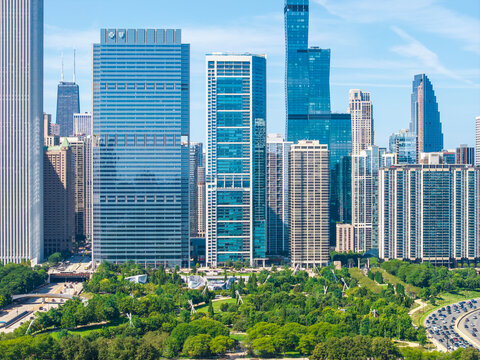 Aerial shot of Skyscrapers and office buildings in the skyline in Chicago Illinois USA