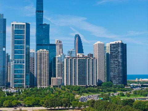 Aerial shot of Skyscrapers and office buildings in the skyline in Chicago Illinois USA