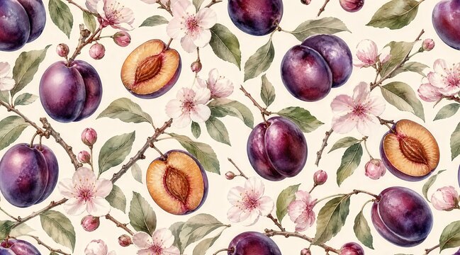 Fresh luxury seamless watercolor pattern featuring ripe purple plums, delicate spring blossoms, and green leaves on a soft vintage background