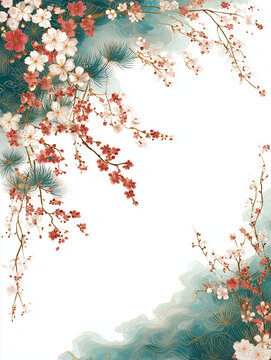 Japanese decorative frame with cherry blossoms pine needles and teal marbled accents
