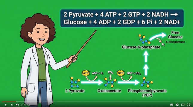 Science teacher explaining biochemical gluconeogenesis pathway on green screen background