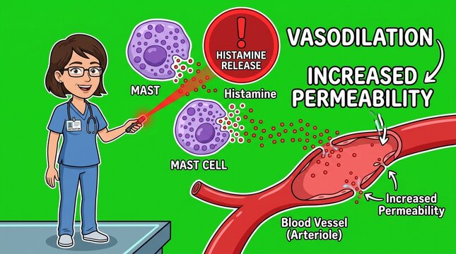 Medical instructor explaining mast cell histamine release and vasodilation mechanism