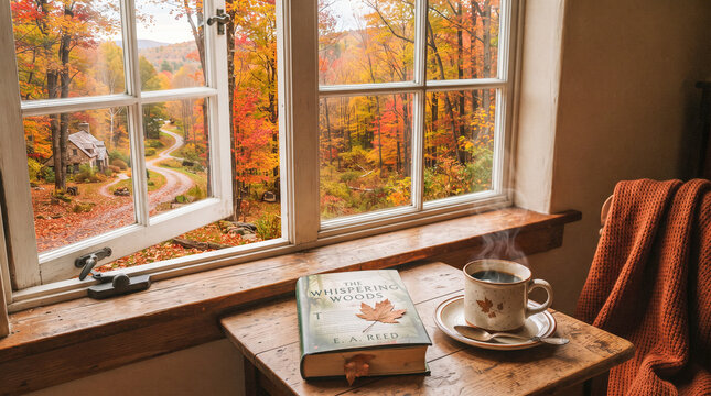 Acogedor rinc&oacute;n de lectura con libro abierto y caf&eacute; sobre una mesa de madera, frente a un paisaje oto&ntilde;al de bosque iluminado por c&aacute;lidos colores.