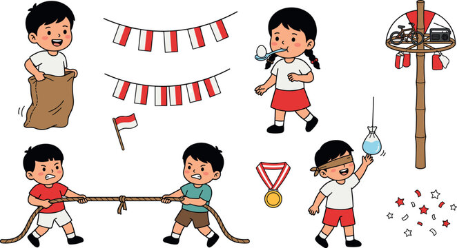 Indonesian Independence Day Traditional Games Vector Set Featuring Sack Race, Tug of War, Panjat Pinang, Bunting Flags, and Medal for Hari Kemerdekaan Graphic Designs