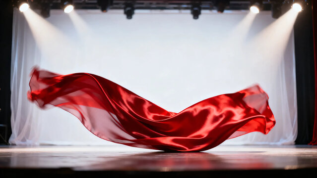 Red curtain stage illuminated by a spotlight in a dark theater