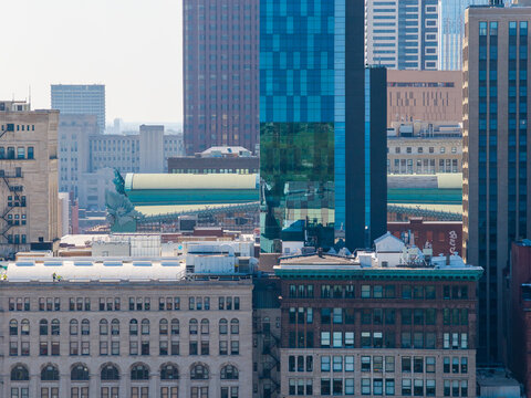 Aerial shot of Skyscrapers and office buildings in the skyline in Chicago Illinois USA