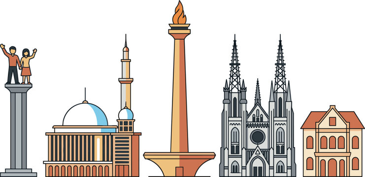 Jakarta City Landmark Vector Set Featuring Monas, Istiqlal Mosque, Cathedral, and Welcome Monument Icons for Indonesia Travel Guides, Tourism Posters, and Web Graphic Designs