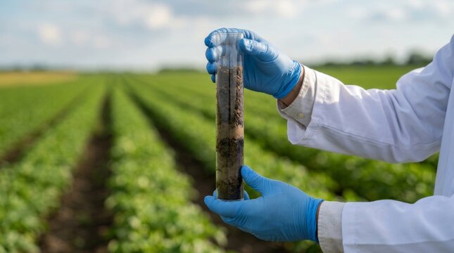 Scientist holding soil sample in test tube on agricultural field.