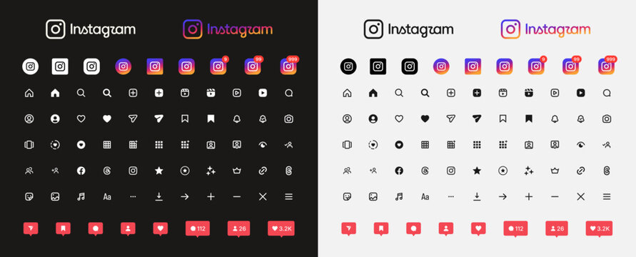 Updated Instagram UI Icons, symbols and the new 2026 logo, dark and light theme.