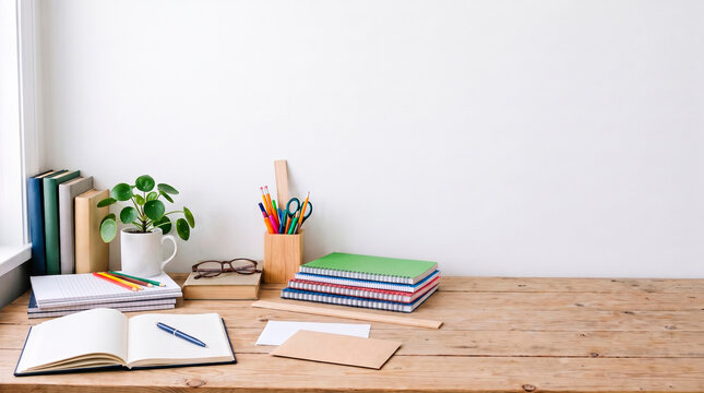 Desk with books notebooks plant and stationery items organized for study or work
