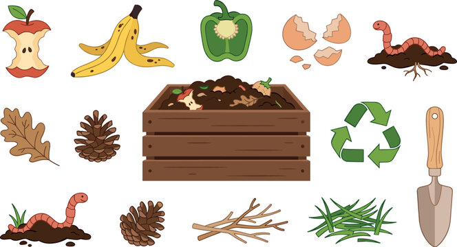 Organic Waste Composting Vector Element Set with Bin, Apple Core, Banana Peel, Worms, Soil, Trowel, and Recycle Symbol for Ecological Gardening Designs