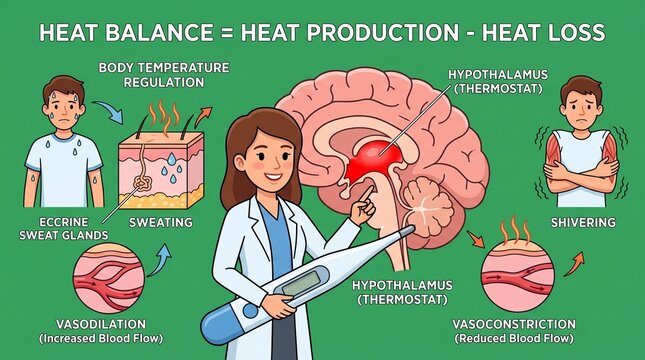 Physiologist explaining human body heat balance and thermoregulation process infographic
