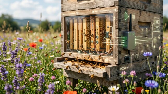 Smart Hive Technology Monitoring Honey Bee Colony in Wildflower Meadow.