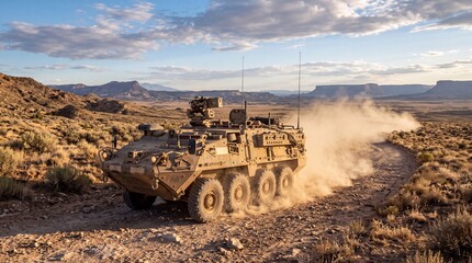 Naklejka premium Armored military combat vehicle speeding on dirt road kicking up dust in arid desert landscape.