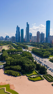 Aerial shot of Skyscrapers and office buildings in the skyline in Chicago Illinois USA