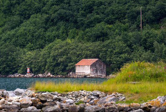 A beautiful summer  landscape with a village buildings by the fjord . A summer scenery of World Heritage Area in Western Norway.