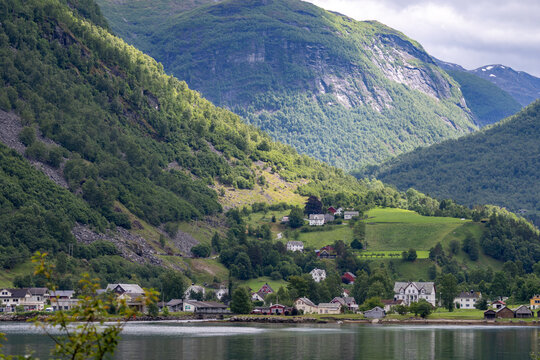 A beautiful summer  landscape with a village buildings by the fjord . A summer scenery of World Heritage Area in Western Norway.