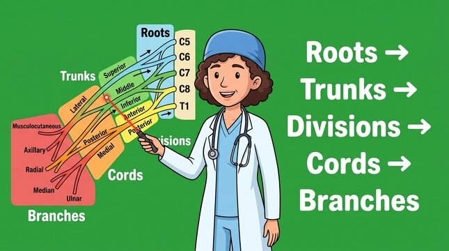 Doctor explaining brachial plexus anatomy chart for medical education and student training