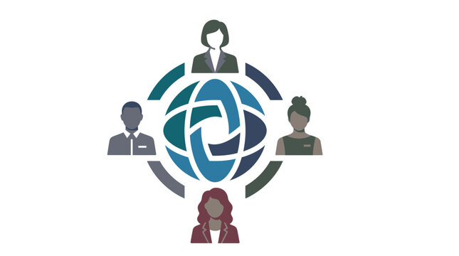 Global network of people icons connected by abstract planet symbol for international business and teamwork.
