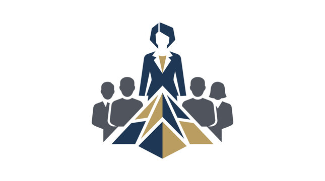 Leader woman and team meeting with abstract pyramid chart and business icons.