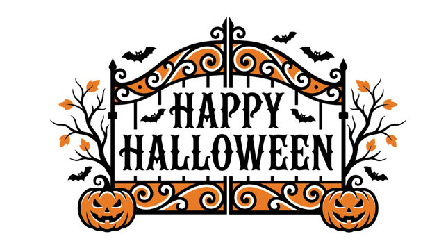 Happy Halloween gate with pumpkins bats and spooky tree branches for seasonal decoration and invitation.